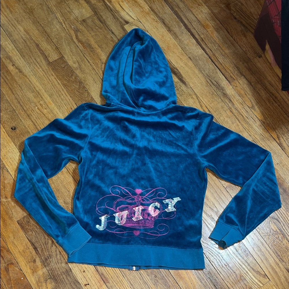 Juicy Couture Turquoise Velour Hoodie with silver and pink metallic Logo